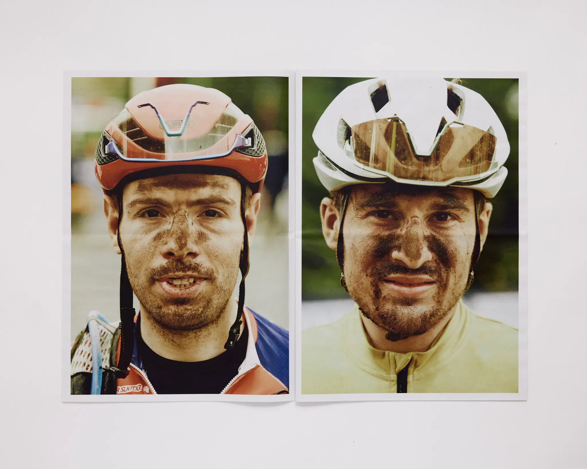 Racers moments after finishing the gravel bike race, with dirt on his face. The Rift gravel bike race takes place in Iceland annually. Shot for a personal project and self-published tabloid size newsprint that covers The Rift Gravel Bike Race in Iceland in 2023.