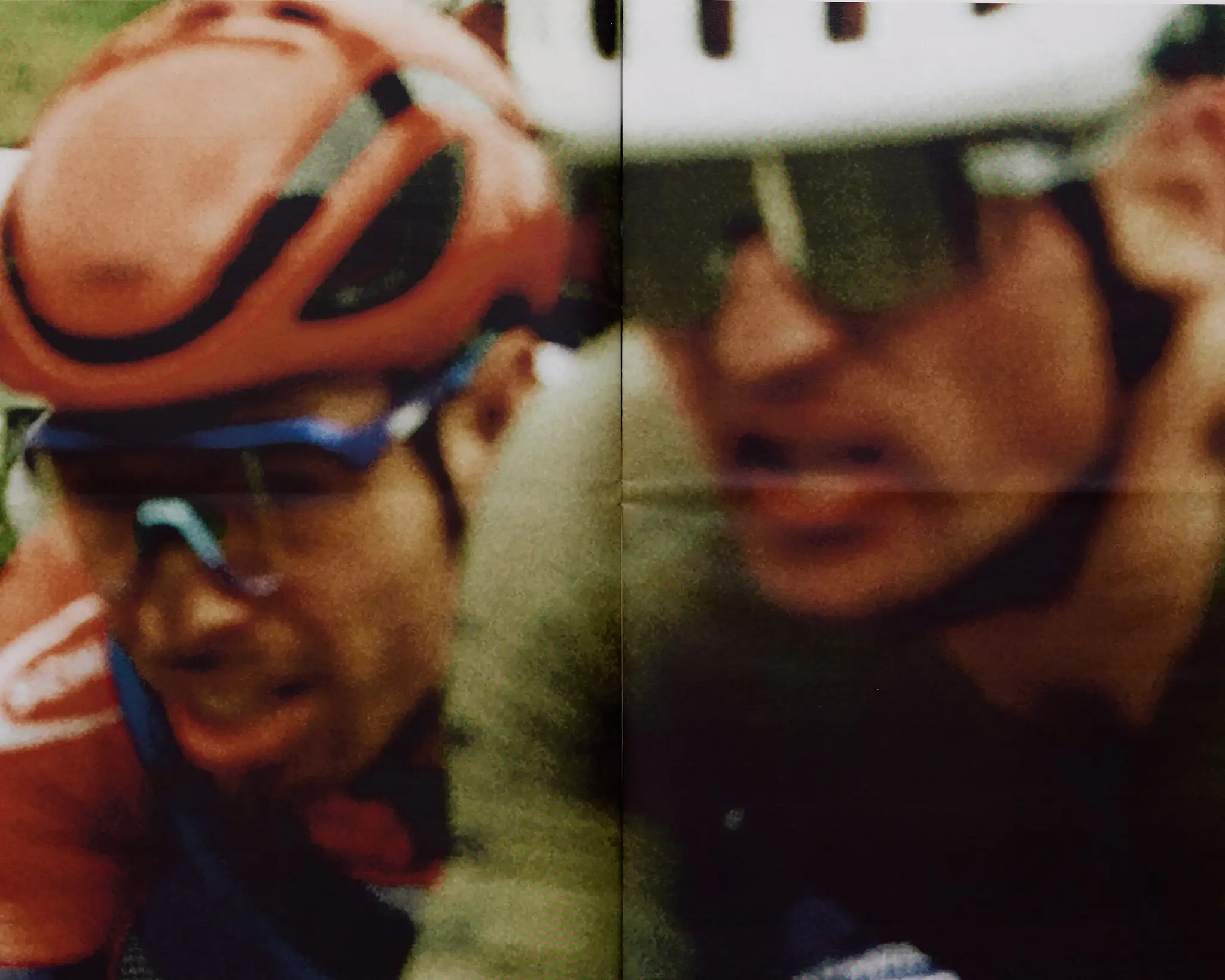 Side by side extreme close-up of two bike racers crossing the finish line. The Rift gravel bike race takes place in Iceland annually. Shot for a personal project and self-published tabloid size newsprint that covers The Rift Gravel Bike Race in Iceland in 2023.