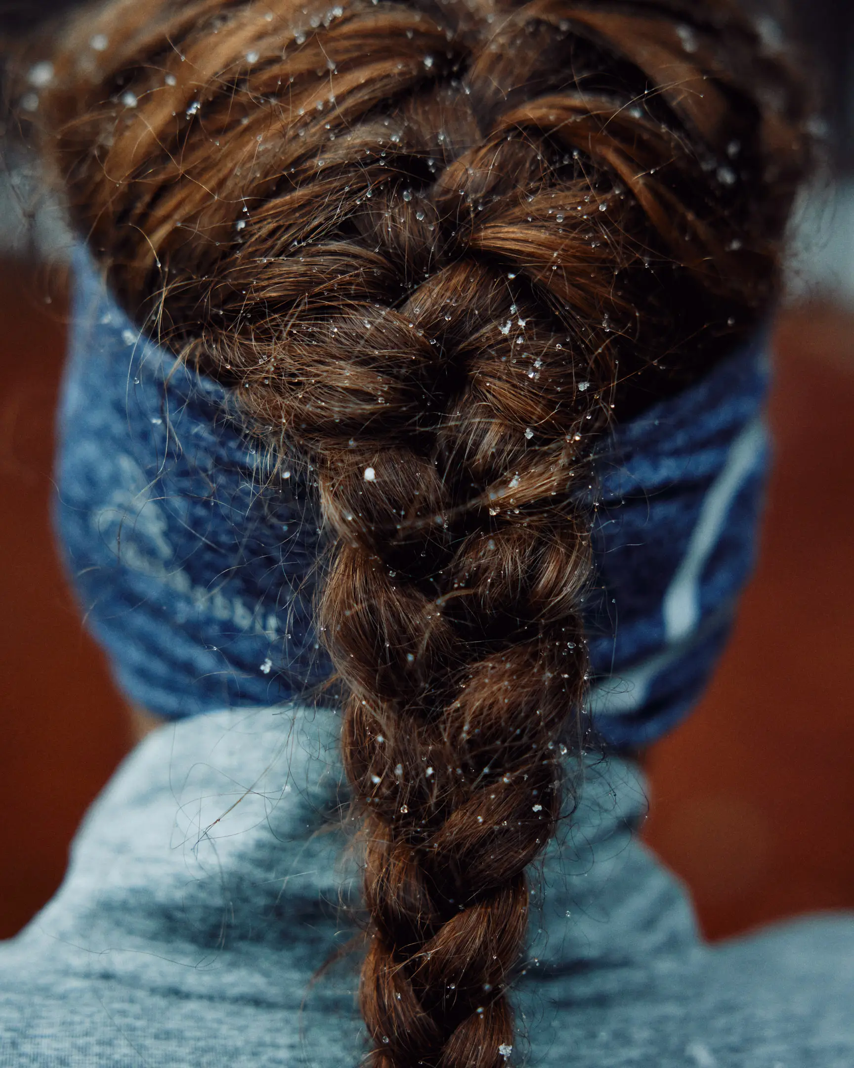 Snow flakes are caught within a female runner's braided hair. Set against the backdrop of a snowy forrest, she wears a blue colored hair band and a cyan long sleeve jacket. This detail is a close-up, and tight photograph of her hair. Dream Run Camp features the running camp hosted by Michael Fitzgerald, a runner living with long covid, that's hosted in Flagstaff, AZ. This commission was originally commissioned by The New York Times.