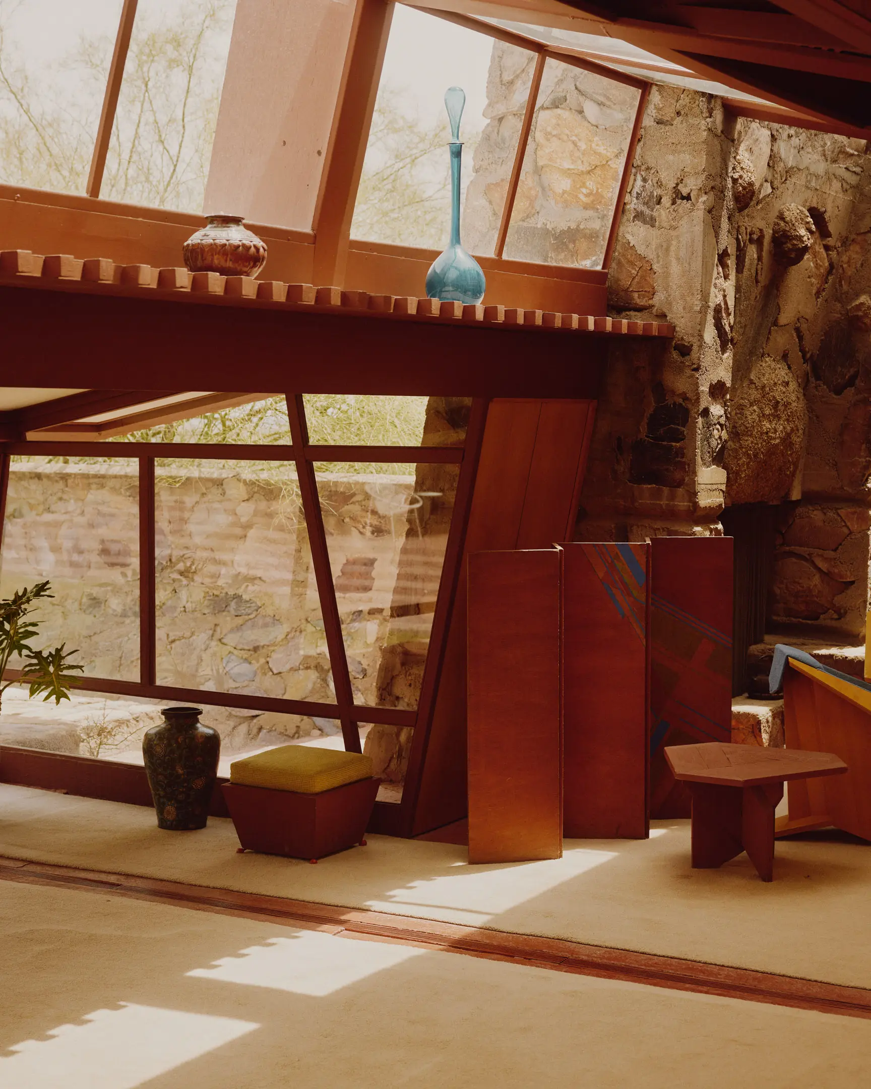 Main living room that is at Taliesin West. Taliesin West was built by Frank Lloyd Wright in Scottsdale, AZ.