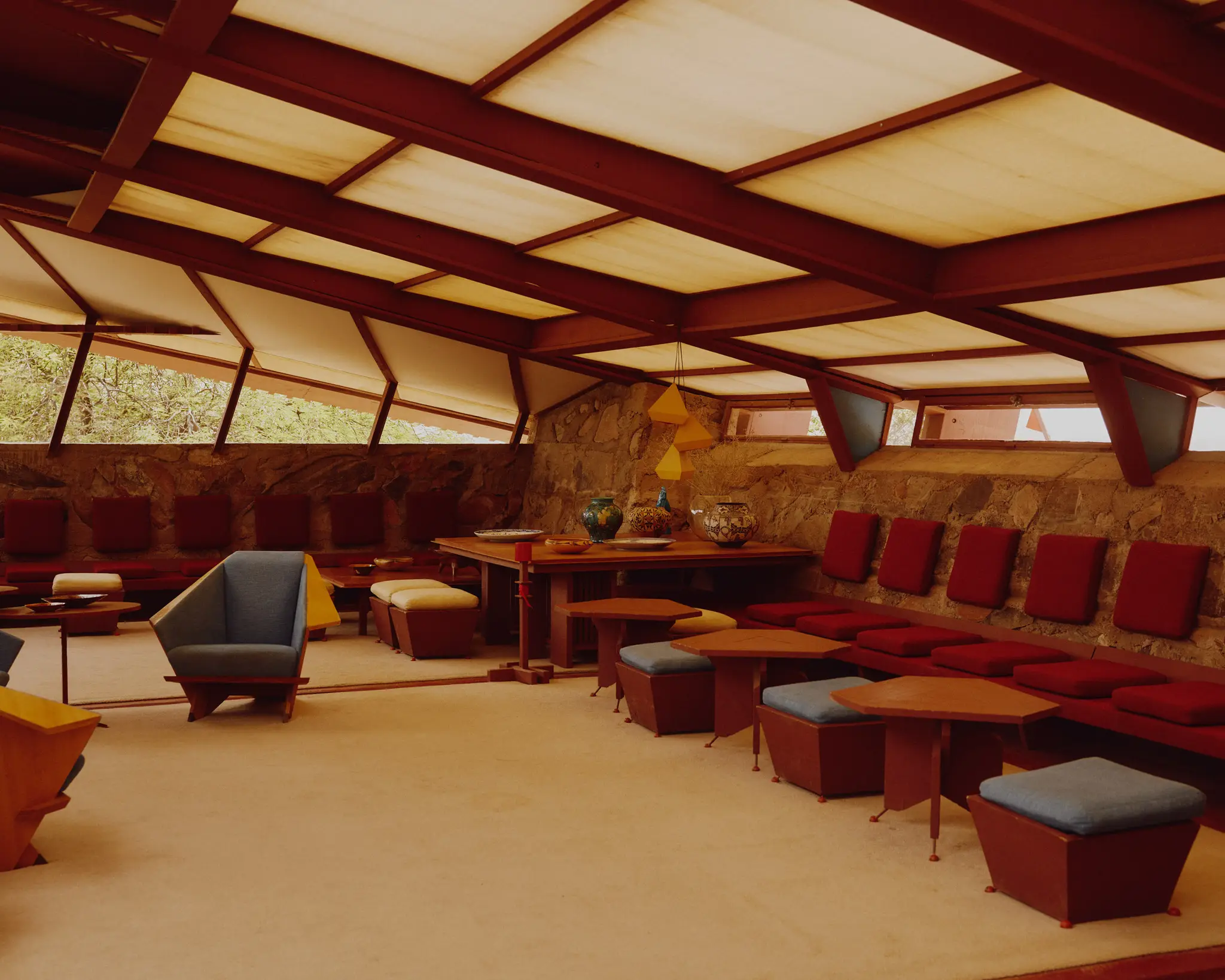 Main living room that is at Taliesin West. Taliesin West was built by Frank Lloyd Wright in Scottsdale, AZ.